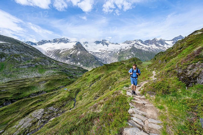 Mountaineer on hiking trail in picturesque mountain landscape, mountain peak with snow and glacier Hornkees and Waxeggkees, summit Hornspitzen and Großer Möseler, Berliner Höhenweg, Zillertal Alps, Tyrol, Austria, Europe