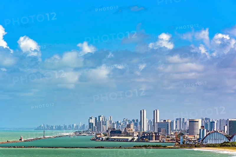 View of the port and city of Recife in Pernambuco with its skyscrapers facing the sea, Recife, Pernambuco, Brazil, South America