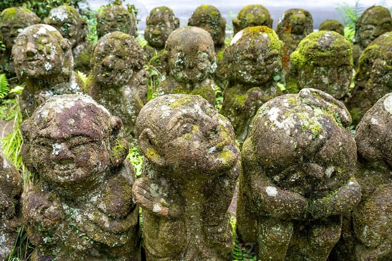Moss-covered stone statues of rakans, the disciples of Buddha, Otagi Nenbutsu-ji temple, Kyoto, Japan, Asia