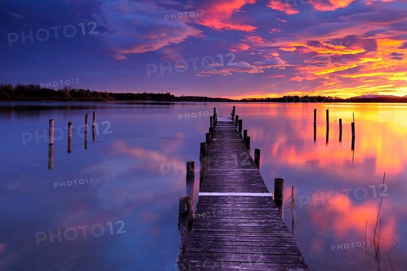 Footbridge on Lake Chiemsee at sunrise, Prien am Chiemsee, Bavaria, Germany, Europe