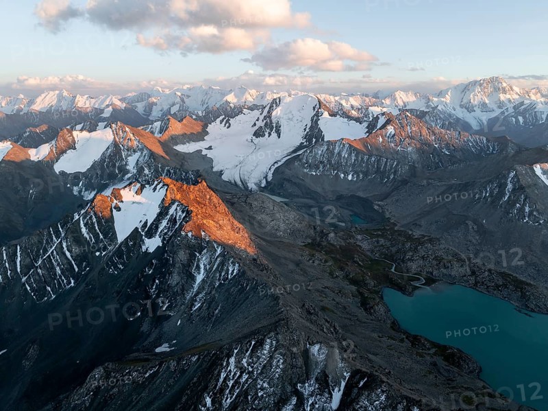 Evening mood, mountain panorama, aerial view, 4000 metre peak with glacier, mountain pass and mountain lake Ala-Kul Lake, Tien Shan, Kyrgyzstan, Asia