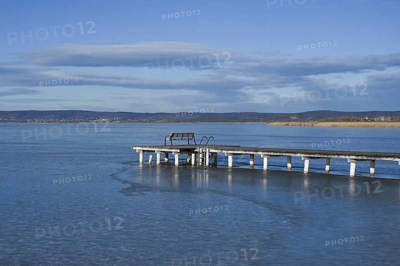 Frozen lake in winter, jetty, Lake Neusiedl, Weiden am See, Burgenland, Austria, Europe