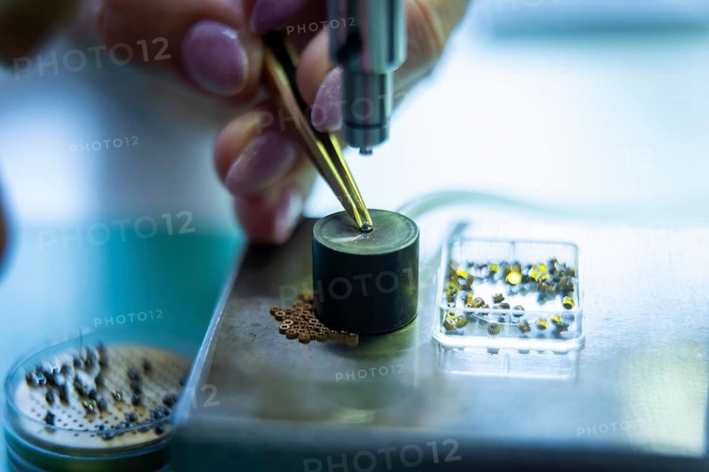 Nomos Glashütte is a German watch manufacturer from Glashütte in Saxony, which produces and sells mechanical wristwatches with hand-wound and, since 2005, automatic movements. Pressing of movement components, NOMOS Uhren, Schlottwitz, Saxony, Germany, Europe