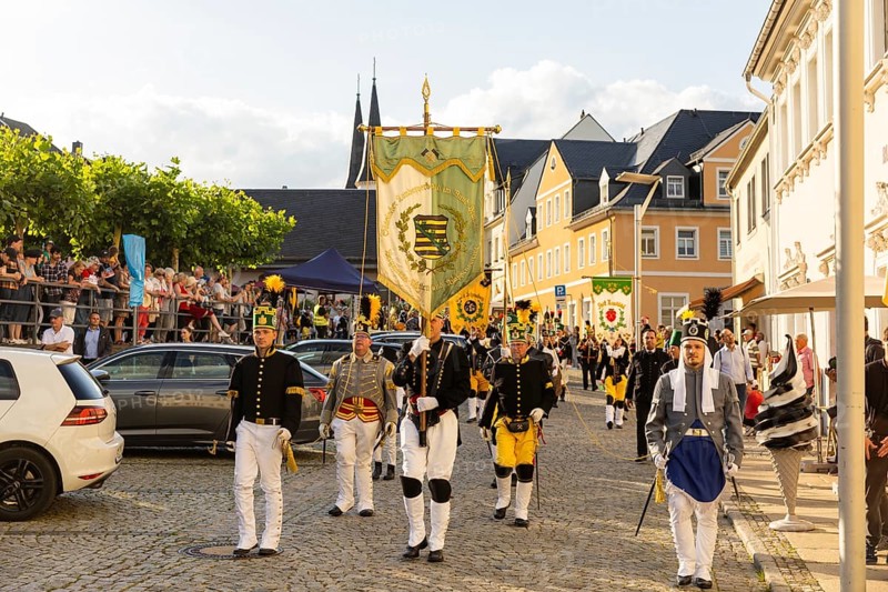 The so-called Bergstreittag is a beautiful centuries-old tradition and is celebrated on 22 July, the church memorial day and former feast day of Mary Magdalene in Schneeberg. The four quarterly sermons introduced in 1649 remained in place until 1845. These sermons were then abolished in favour of a single day, 22 July, which fell on Mary Magdalene. The Freiberg Mining Office recommended that this day should be celebrated with a festival and a mountain parade. In 1846, the Royal Ministry of Finance issued a decree to celebrate St Mary Magdalene's Day with a sermon and a magnificent mountain procession. The last major procession took place in July 1913. The First World War put an end to these processions. The tradition was not revived until July 1933, 528th Bergstreittag, mountain parade, Schneeberg, Saxony, Germany, Europe