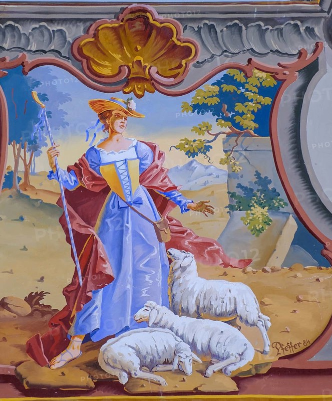 Shepherdess, Lüftlmalerei, Gries, Mittenwald, Werdenfelser Land, Upper Bavaria, Bavaria, Germany, Europe