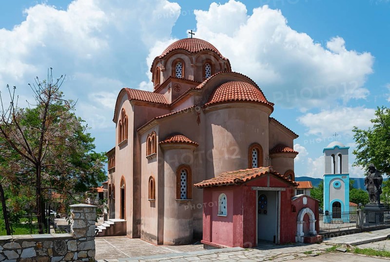 Traditional church with domed roof and red accents under a cloudy sky, Church of Panagia Gomatiou, Gomati, Chalkidiki, Halkidiki, Central Macedonia, Greece, Europe
