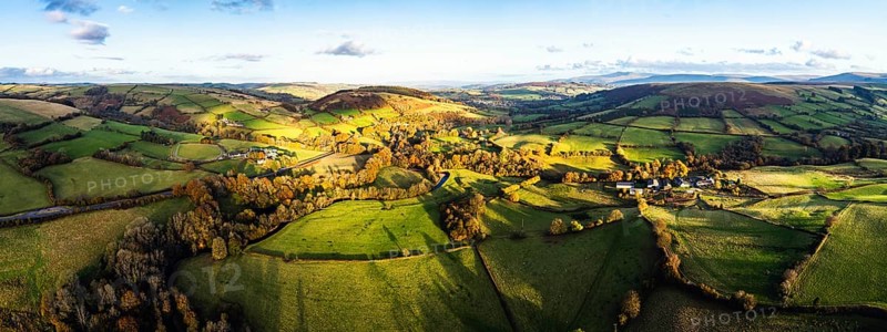 Panorama of Farms over Trecastle from a drone at sunset, Brecon Beacons National Park, Powys, Wales, England, United Kingdom, Europe