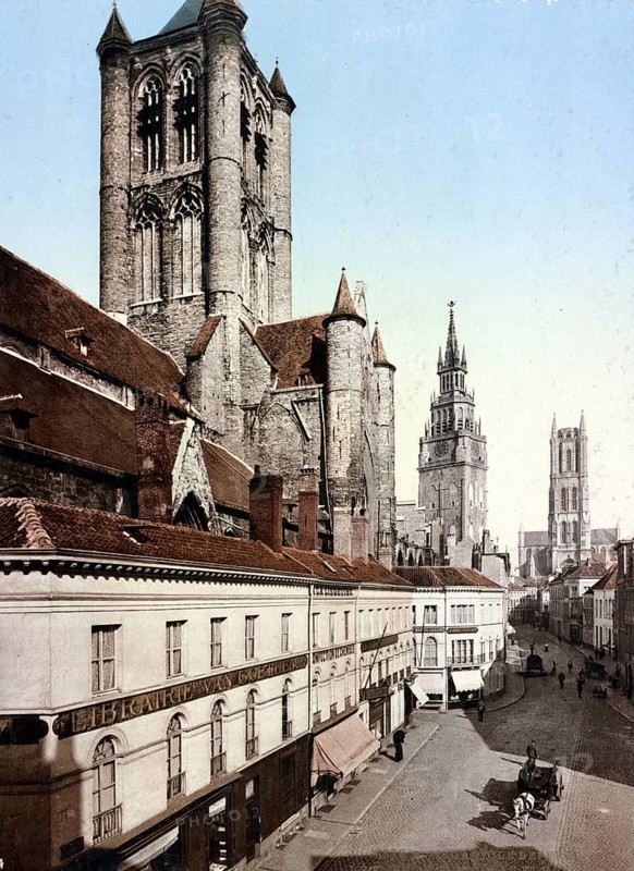 Ghent. The Belfry. The church of St Nicholas and Bavo, Belgium, Historical, digitally restored reproduction from a 19th century original, Record date not stated, Europe