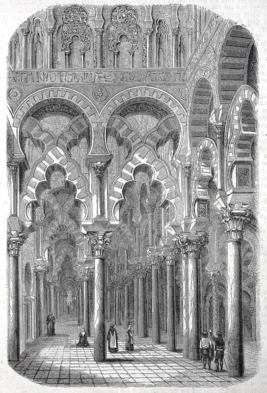 Historical, digitally restored reproduction from a 19th century original, Record date not stated, Interior of the Cathedral, Mezquita-Catedral de Córdoba, Mosque of Córdoba, Cathedral Mosque, Horseshoe arches in the prayer hall, 1855, Cordoba, Spain, Europe