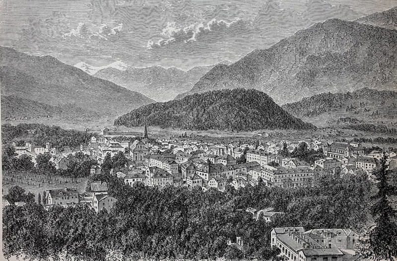 The town of Ischl, Bad Ischl, in Austria, in 1880, Historical, digital reproduction of an original from the 19th century