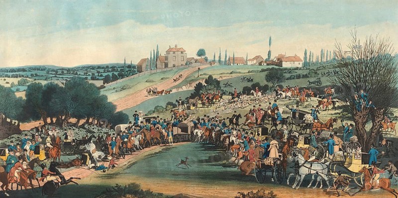 Hunt, Hunting scene, Easter Monday. 1st exhibit of the stag at Buckits Hill, Epping Forest, England, by James Pollard (1729-1867), Historical, digitally restored reproduction from a 19th century original, Record date not stated