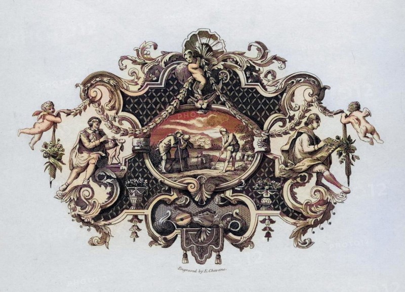 Abdruck von einem Silberkrug / Impression from a silver tankard Designed by Hogarth from The Works of Hogarth published London 1833, Historisch, digital restaurierte Reproduktion von einer Vorlage aus dem 19. Jahrhundert, Record date not stated