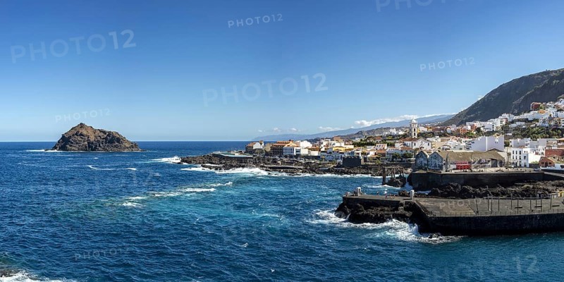 Atlantic coast with Roque de Garachico island off the town of Garachico, Tenerife, Canary Islands, Spain, Europe
