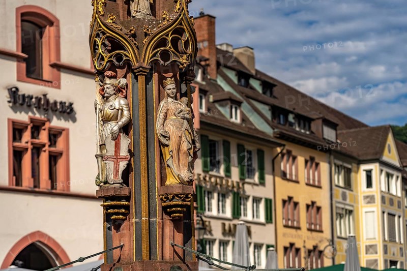 Fish fountain detail on Münsterplatz, Freiburg im Breisgau, Black Forest, Baden-Württemberg, Germany, Europe