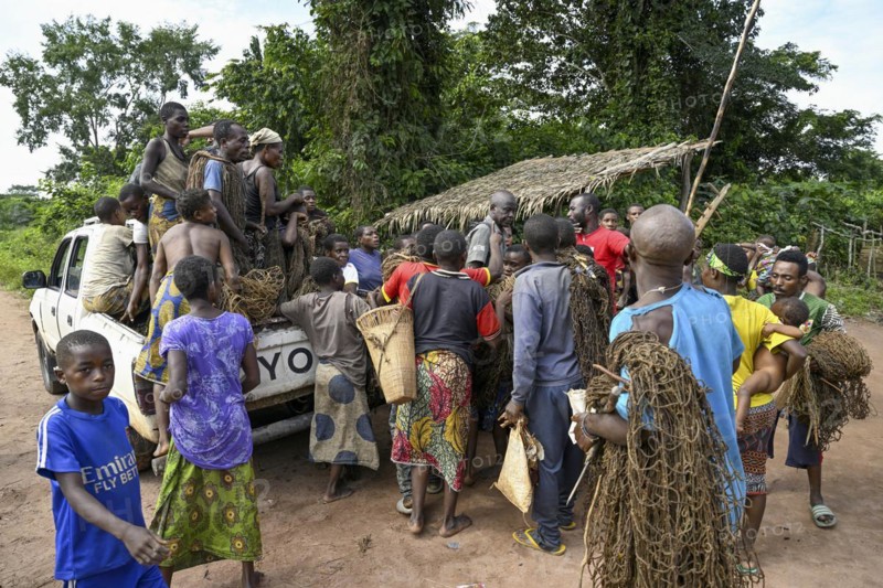 Pygmies of the Baka or BaAka people with their hunting nets on a pick-up truck, Bayanga, Sangha-Mbaéré Prefecture, Central African Republic, Africa