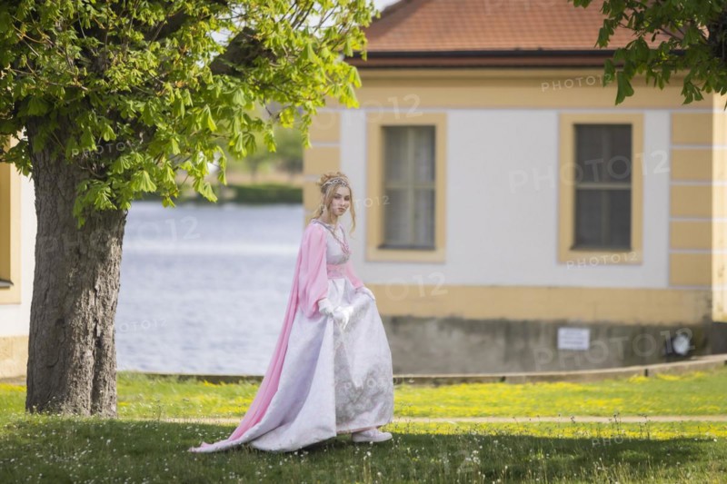 Cinderella can also be seen around Moritzburg Castle in spring. Model Tamara Kretschmer once again slipped into the coveted role of the legendary Cinderella with the ball gown, Moritzburg, Saxony, Germany, Europe