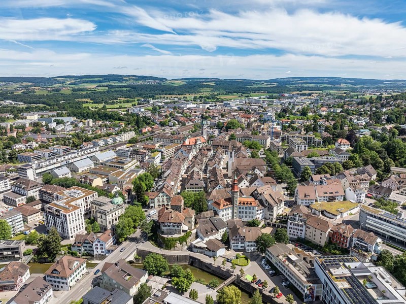 Aerial view, townscape, city centre, old town of Frauenfeld, with the Frauenfeld castle and the town hall, in front the river Murg, canton Thurgau, Switzerland, Europe