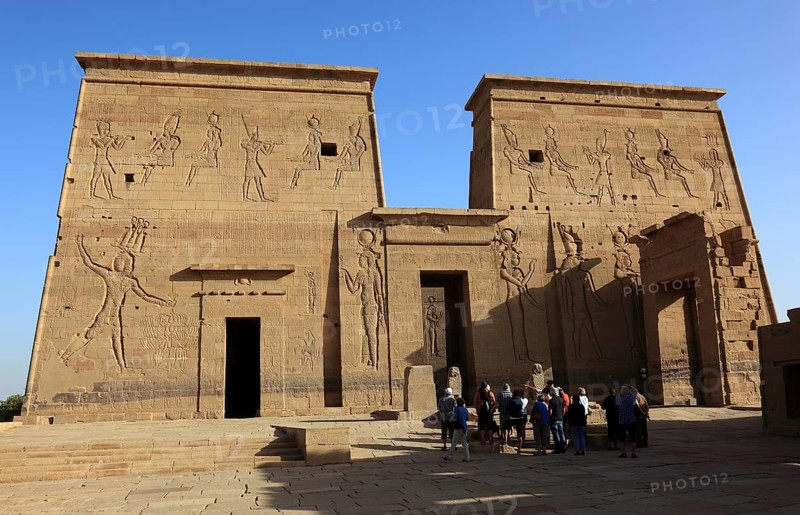 Temple of Isis, Temple of Isis of Philae on the island of Agilkia, square in front of the first pylon of the Temple of Isis, part of the temple complex, Africa, Upper Egypt, Egypt, Africa