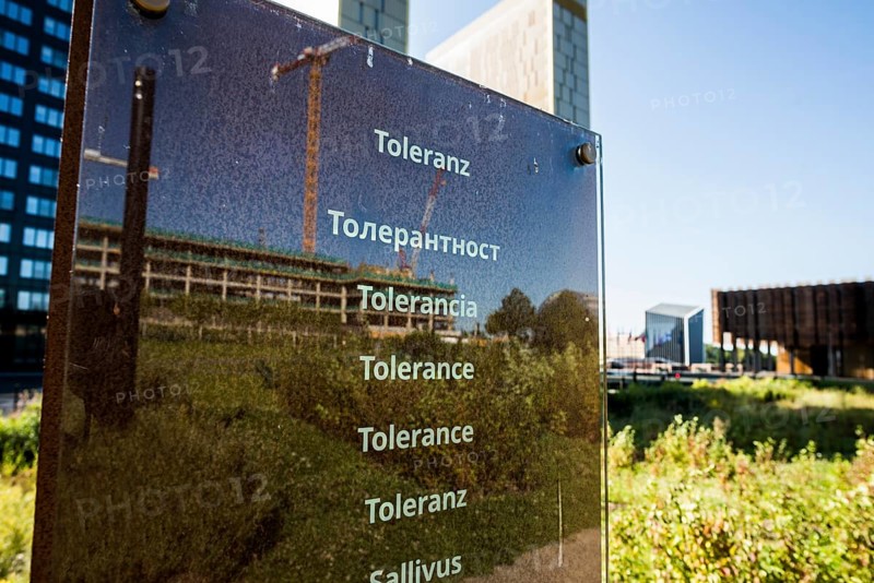 Stele with the inscription Tolerance, European Court of Justice, ECJ, Kirchberg Plateau, Luxembourg City, Luxembourg, Europe