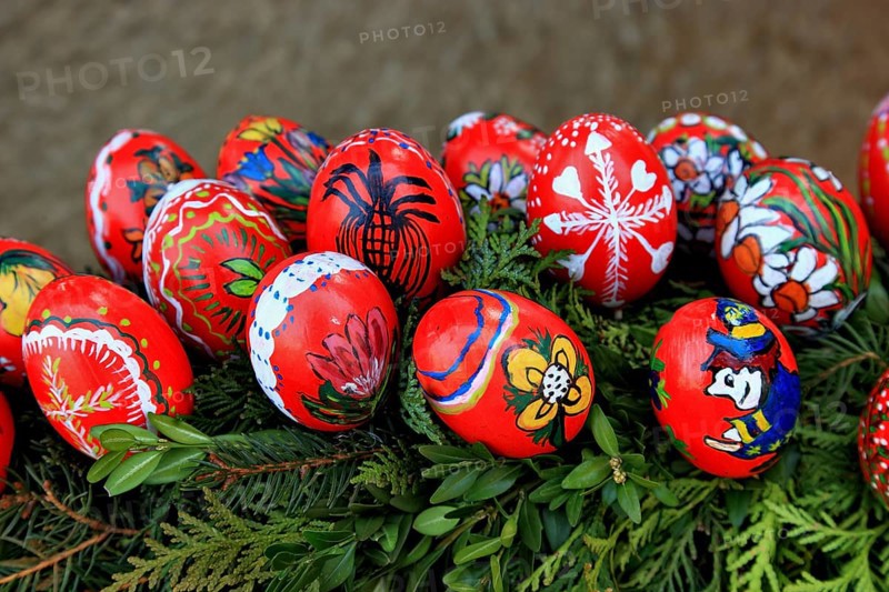 Detail of an Easter fountain in Franconian Switzerland, Bamberg district, Upper Franconia, Germany, many colourful blown-out and dyed eggs as decoration, Easter custom, Europe