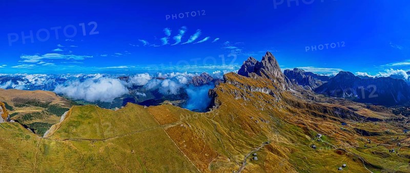 The peaks Sas Rigais and Furchetta of the Geisler group, wide-angle panoramic photo, drone photo, Val Gardena, Dolomites, Autonomous Province of Bolzano, South Tyrol, Italy, Europe