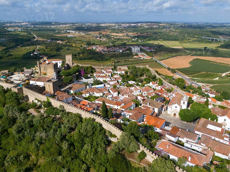 Aerial view of a town with red roofs, historical buildings and a castle, embedded in a green landscape with surrounding fields, town, castle, Castelo de Óbidos, town wall, Óbidos, Obidos, Oeste, Centro, Estremadura, Portugal, Europe