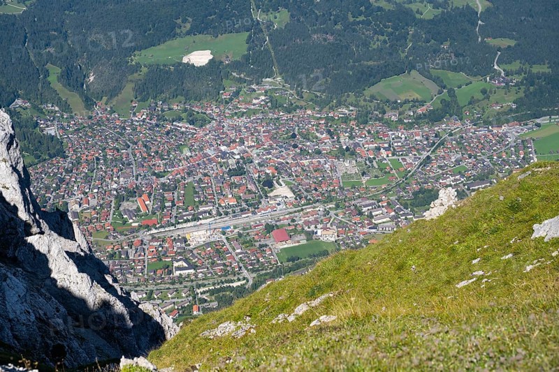 View from the Karwendel to Mittenwald, Werdenfelser Land, Alps, Bavaria, Upper Bavaria, Germany, Europe