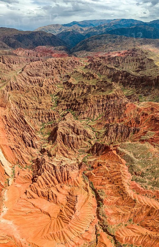 Eroded mountain landscape, canyon with red and orange rock formations, aerial view, Konorchek Canyon, Chuy, Kyrgyzstan, Asia
