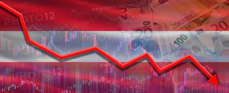 Austria financial crisis on economic graph. Financial fall of Austria on economy market