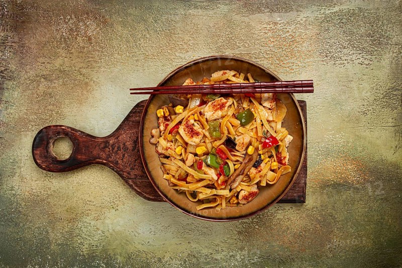 Fried noodles with chicken meat and vegetables, Bami Goreng, Indonesian dish, no people