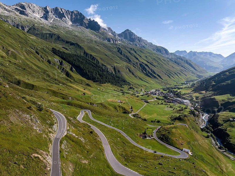 James Bond Goldfinger curve viewpoint on the Furka Pass. Scenes for the James Bond film Goldfinger were filmed on the winding mountain road in 1964 against a picturesque backdrop. Drone photo. Realp, Canton Uri, Switzerland, Europe
