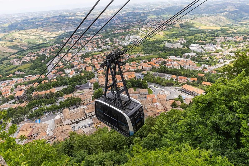Funivia di San Marino, cable car to the highest mountain in San Marino on Monte Titano. View of the city of San Marino, San Mariono