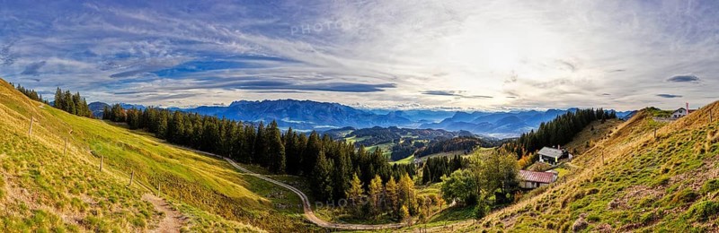 Panoramic view over hilly landscape with mountains and forest, Spitzstein