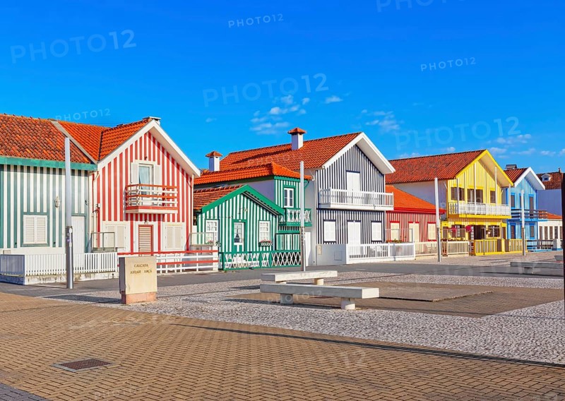 Brightly painted beach homes, Costa Nova do Prado, Aveiro, Portugal, Europe