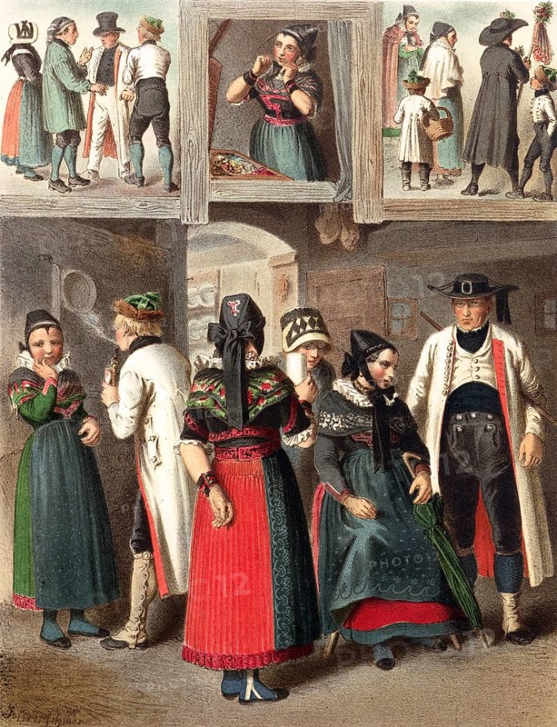 Traditional costumes in Germany around 1820, Province of Westphalia, people in traditional dress standing together in groups, showing various scenes from village life, digitally retouched reproduction of a model from around 1850, by Albert Kretschmer (27 February 1825, 11 July 1891), German painter and traditional costume expert