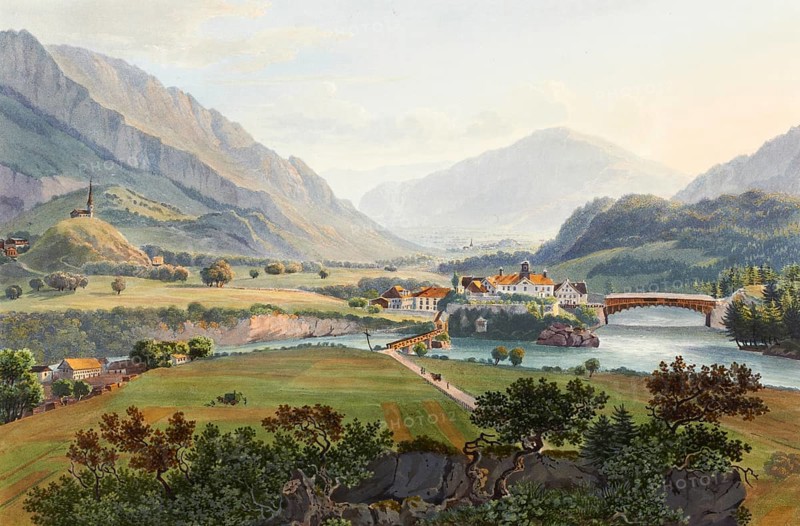 Confluence of the Hinterrhein and Anterior Rhine, at the birthplace of the Alpine Rhine, Reichenau, Graubünden, Switzerland, view from around 1830, digitally restored reproduction of a 19th century model by Johann Ludwig Bleuler (12 February 1792 - 28 March 1850), Swiss draughtsman and painter, Europe