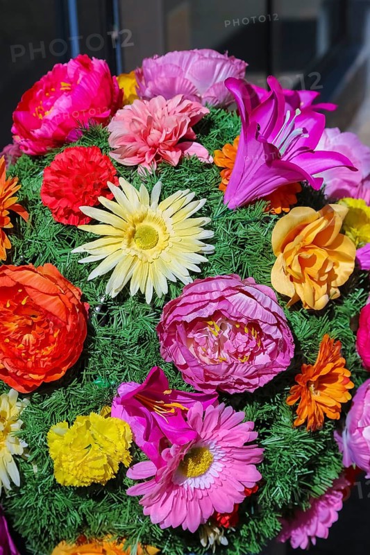 Fabric flowers in front of shop, artificial flowers, colourful textile flowers, Reutlingen, Baden-Württemberg, Germany, Europe