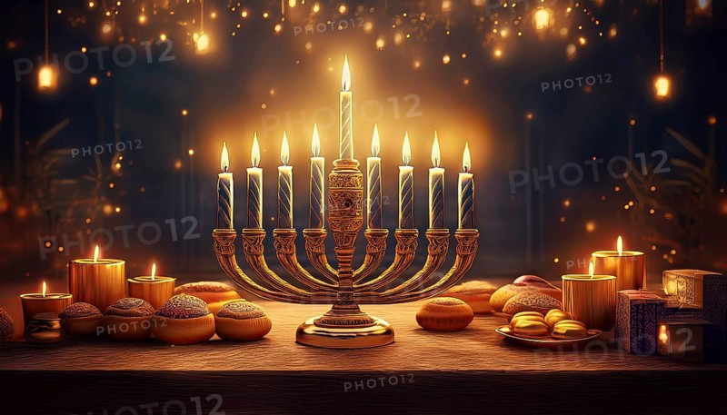 Hanukkia, eight-armed Hanukkah candlestick with lit candles, symbolic image for Hanukkah, Jewish festival of lights, AI-generated image, AI generated