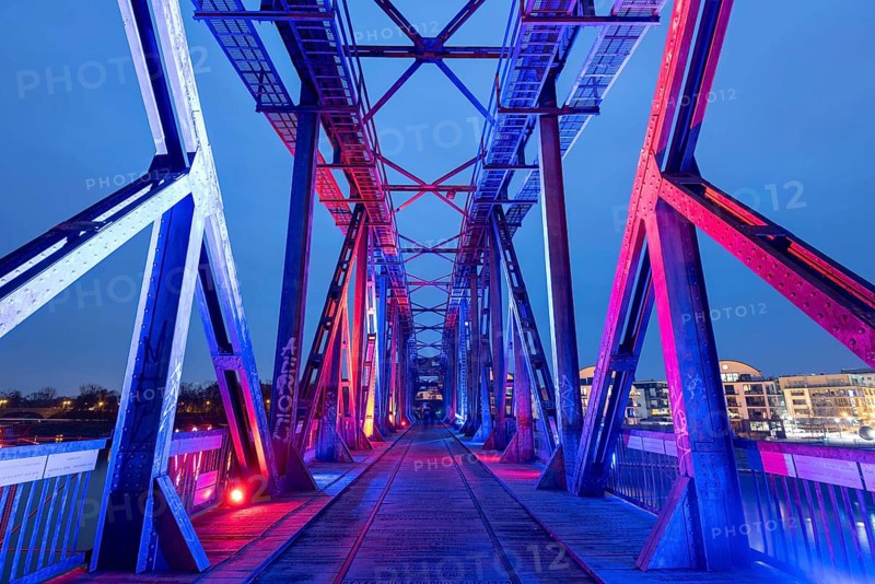 Illuminated lift bridge, former railway bridge, Magdeburg, Saxony-Anhalt, Germany, Europe
