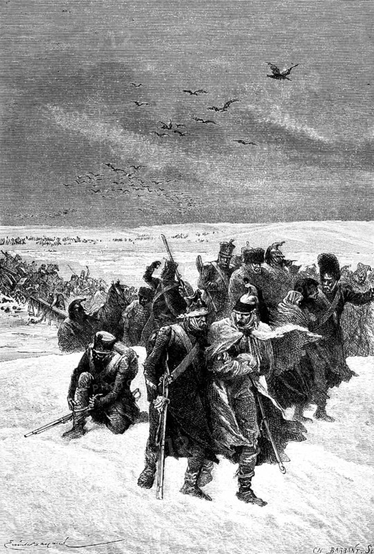 Retreat of the French army under Napoleon after the Battle of the Berezina or Bleresina, defeat against the Russian troops, Tsar Alexander I, Russian campaign, winter, river, soldiers freeze, military, army, Belarus, White Russia, historical illustration 1882, Prussia, Europe