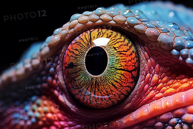 Vibrant close-up image capturing the intricate details and vibrant colors of a chameleon eye against a dark background, AI generated