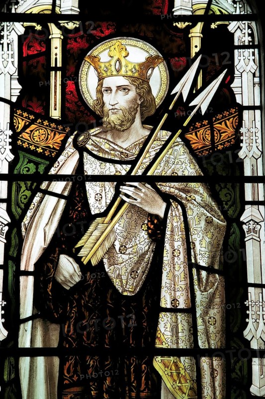 Saint Edmund stained glass window, Church of Saint Mary, Swilland, Suffolk, England, UK