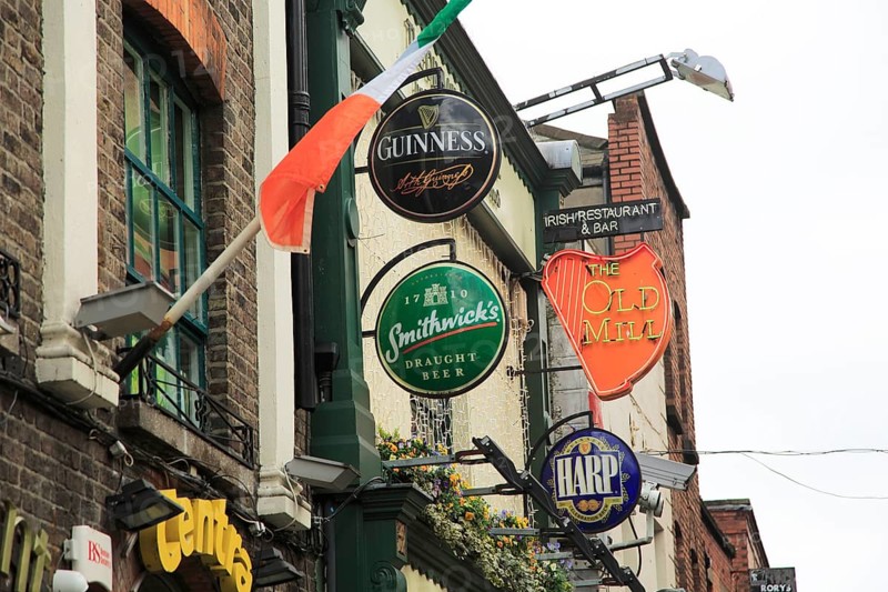 Beer signs outside The Old Mill pub in Temple Bar area, Dublin city centre, Ireland, Republic of Ireland, Europe