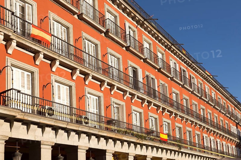 Plaza Mayor, Madrid, Spain designed 1619 Juan Gomez de Mora central square tourist attraction in the heart of the city