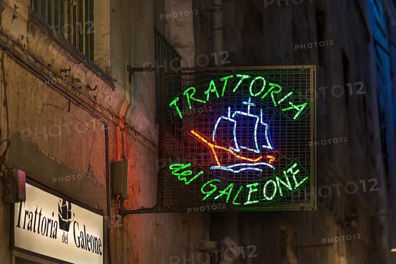 Illuminated nose sign of the Trattoria del Galeone, Via di S. Bernardo, 55R, Genoa, Italy, Europe