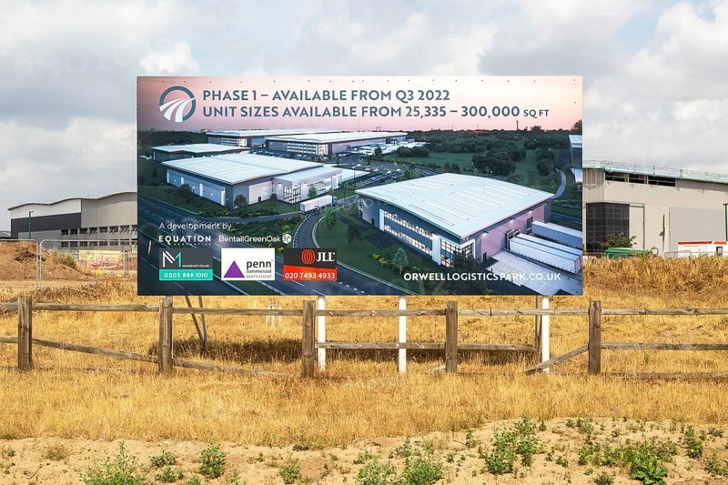 Estate agent billboard advertising sign for commercial property development, Orwell Logistics park for Felixstowe, Ipswich, Suffolk, England, UK July 2022