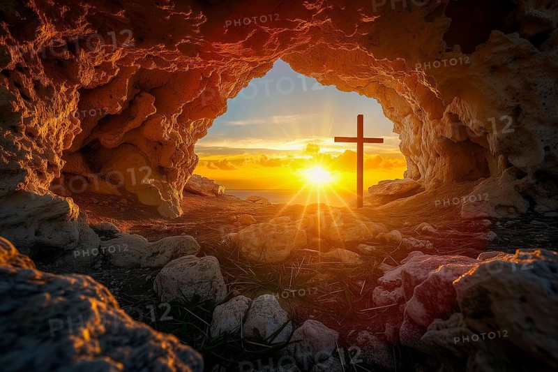 Easter concept cross on Golgotha Calvary hill against a dramatic sunset seen from open tomb of Jesus, AI generated