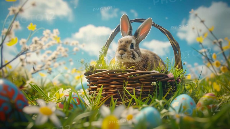 Cute Easter bunny sits beside a basket filled with colorful, decorated eggs amidst a vibrant green field under the bright, sunny sky. The festive spirit of Easter and the joy of nature, AI generated