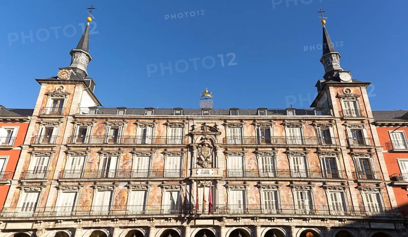 Plaza Mayor, Madrid, Spain designed 1619 Juan Gomez de Mora central square tourist attraction in the heart of the city