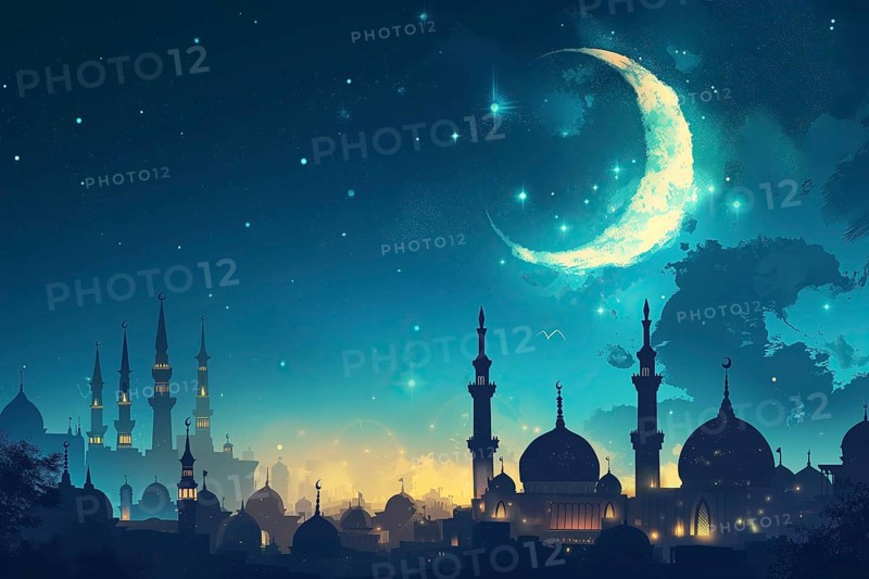 Ramadan with a mosque silhouetted against a starry night sky, illuminated by the crescent moon, AI generated